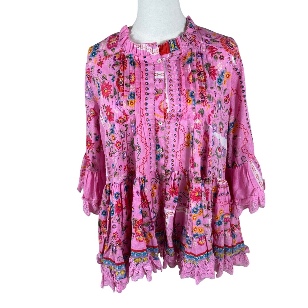 Isla Bonita Tunic Top Womens M Pink Floral Boho Lace Trim Tiered Babydoll Blouse